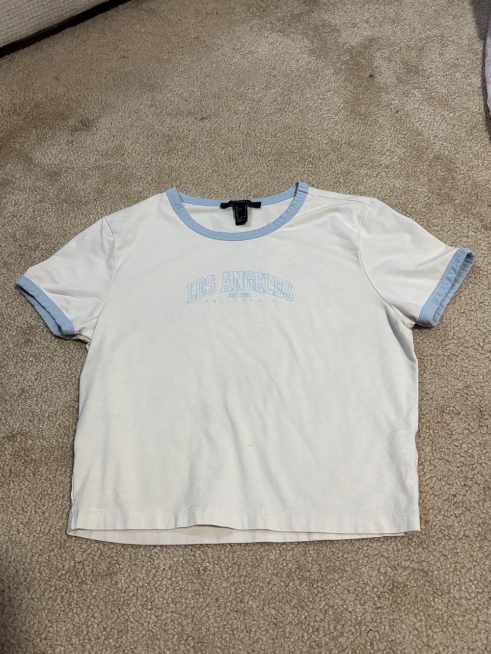 Forever 21 White Crop Tee with Light Blue Trim